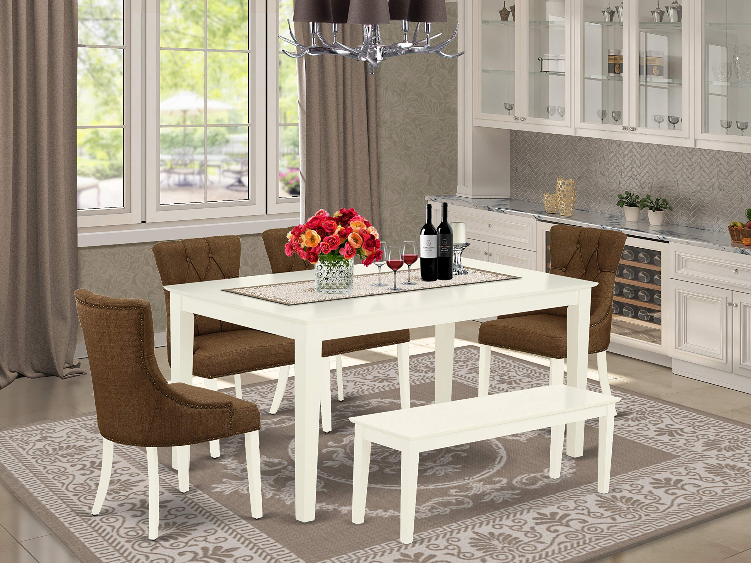 East West Furniture Cafr6-Lwh-18 6 Piece Dining Set Contains A Rectangle Dining Room Table And 4 Brown Linen Linen Fabric Parson Chairs With A Bench, 36X60 Inch, Linen White